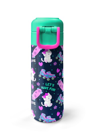 Coral High Kids Lacivert Pembe Kedili Paten Desenli Pipetli ve Direkt İçim Çelik Termos 500 ml 31983 - 7