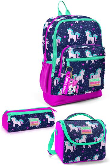 Coral High Kids Lacivert Pembe Unicorn Desenli 3’lü Okul Çanta Seti SET0123467 