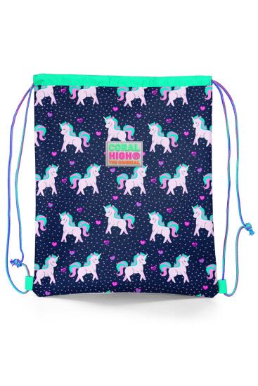 Coral High Kids Lacivert Pembe Unicorn Desenli İpli Büzgülü Sırt Çantası 22456 