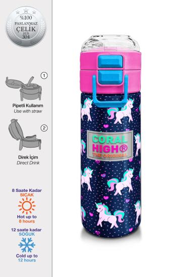 Coral High Kids Lacivert Pembe Unicorn Desenli Pipetli ve Direkt İçim Çelik Termos 500 ml 31915 - Coral High KIDS