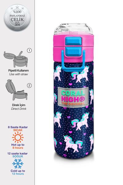 Coral High Kids Lacivert Pembe Unicorn Desenli Pipetli ve Direkt İçim Çelik Termos 500 ml 31915 - 1