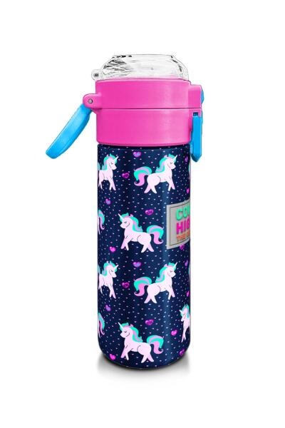 Coral High Kids Lacivert Pembe Unicorn Desenli Pipetli ve Direkt İçim Çelik Termos 500 ml 31915 - 2