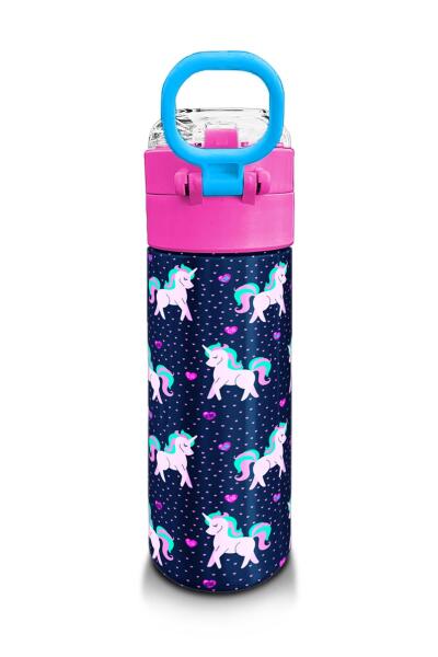 Coral High Kids Lacivert Pembe Unicorn Desenli Pipetli ve Direkt İçim Çelik Termos 500 ml 31915 - 3