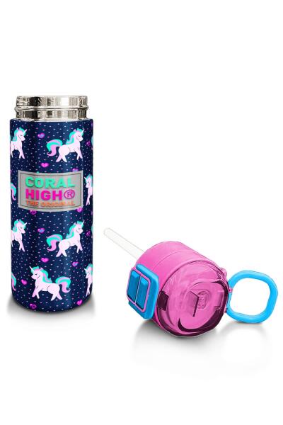 Coral High Kids Lacivert Pembe Unicorn Desenli Pipetli ve Direkt İçim Çelik Termos 500 ml 31915 - 4