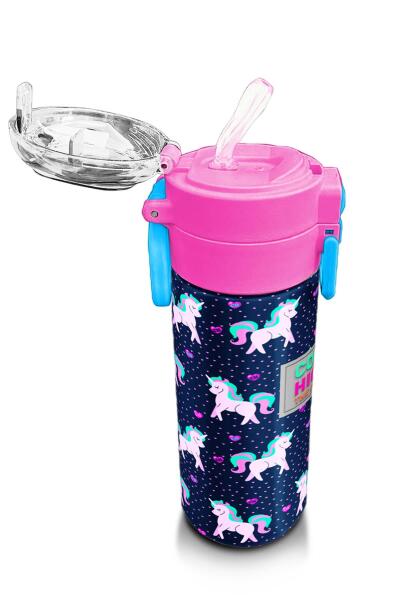 Coral High Kids Lacivert Pembe Unicorn Desenli Pipetli ve Direkt İçim Çelik Termos 500 ml 31915 - 5