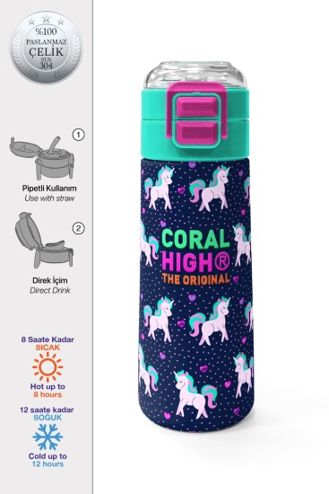 Coral High Kids Lacivert Pembe Unicorn Desenli Pipetli ve Direkt İçim Çelik Termos 500 ml 31915 