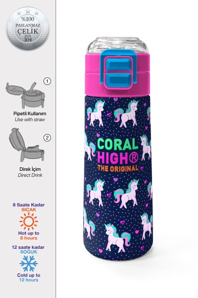 Coral High Kids Lacivert Pembe Unicorn Desenli Pipetli ve Direkt İçim Çelik Termos 500 ml 31915 - 1