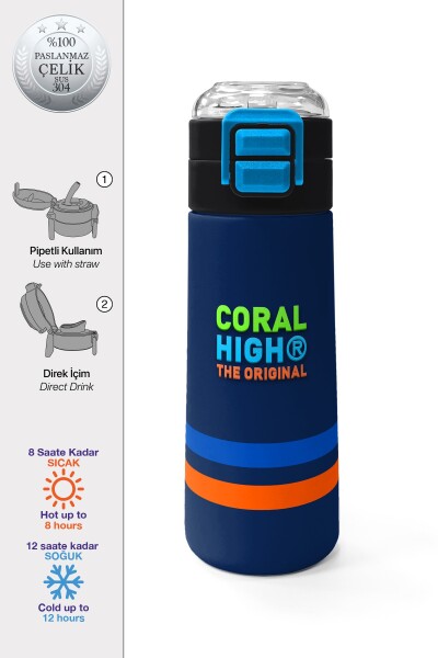 Coral High Kids Lacivert Pipetli ve Direkt İçim Çelik Termos 500 ml 31928 - 1