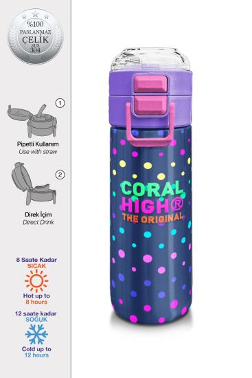 Coral High Kids Lacivert Puantiyeli Desenli Pipetli ve Direkt İçim Çelik Termos 500 ml 31872 - Coral High KIDS