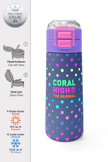 Coral High Kids Lacivert Puantiyeli Desenli Pipetli ve Direkt İçim Çelik Termos 500 ml 31872 - Coral High KIDS