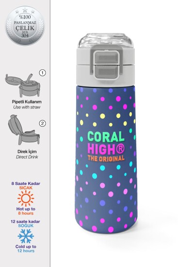 Coral High Kids Lacivert Puantiyeli Desenli Pipetli ve Direkt İçim Çelik Termos 500 ml 31872 - Coral High KIDS