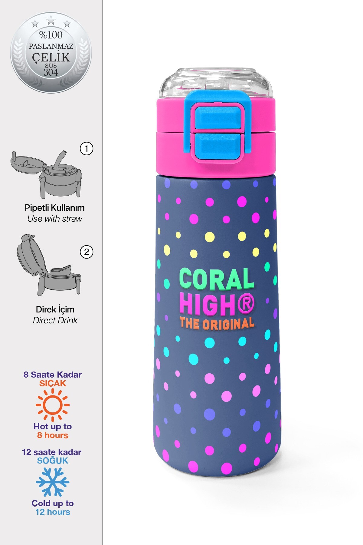 Coral High Kids Lacivert Puantiyeli Desenli Pipetli ve Direkt İçim Çelik Termos 500 ml 31872