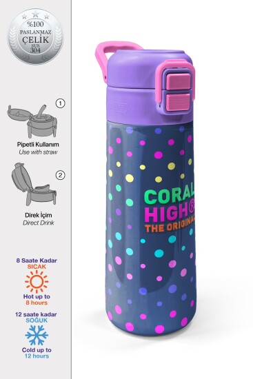 Coral High Kids Lacivert Puantiyeli Desenli Pipetli ve Direkt İçim Çelik Termos 500 ml 31872 
