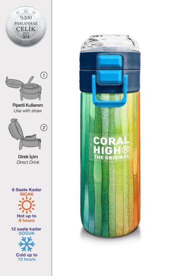 Coral High Kids Lacivert Renkli Çizgili Desenli Pipetli ve Direkt İçim Çelik Termos 500 ml 31890 - 1
