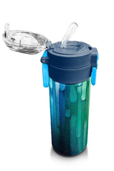 Coral High Kids Lacivert Renkli Çizgili Desenli Pipetli ve Direkt İçim Çelik Termos 500 ml 31890 - 5