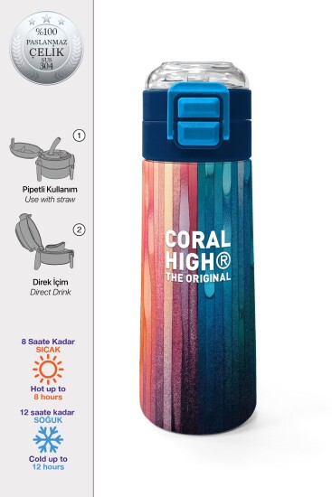 Coral High Kids Lacivert Renkli Çizgili Desenli Pipetli ve Direkt İçim Çelik Termos 500 ml 31890 