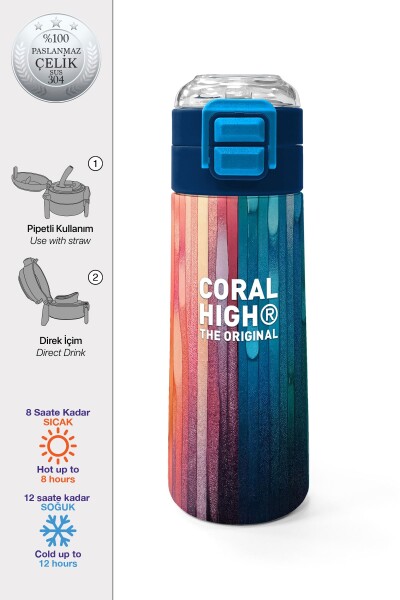 Coral High Kids Lacivert Renkli Çizgili Desenli Pipetli ve Direkt İçim Çelik Termos 500 ml 31890 - 1