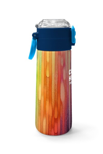 Coral High Kids Lacivert Renkli Çizgili Desenli Pipetli ve Direkt İçim Çelik Termos 500 ml 31890 - 2