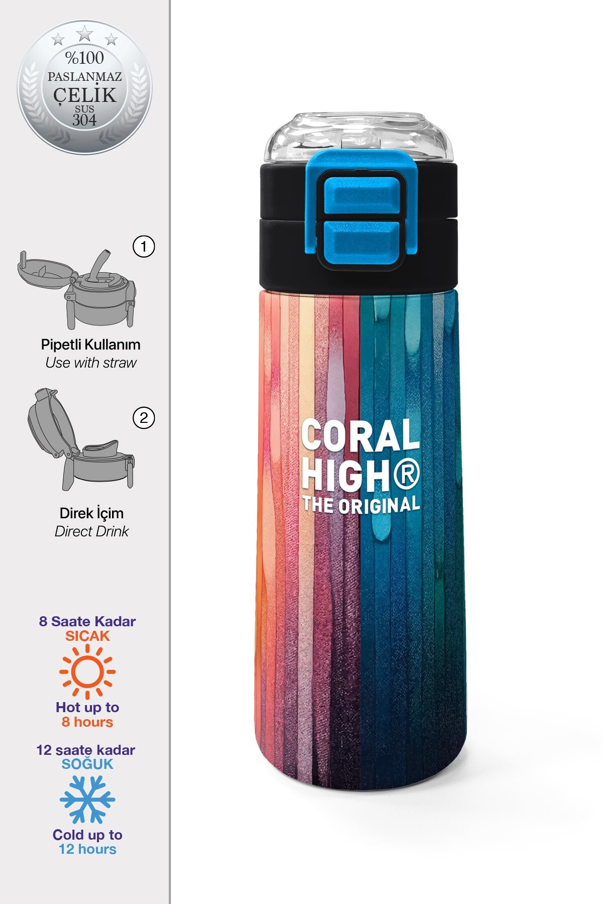Coral High Kids Lacivert Renkli Çizgili Desenli Pipetli ve Direkt İçim Çelik Termos 500 ml 31890