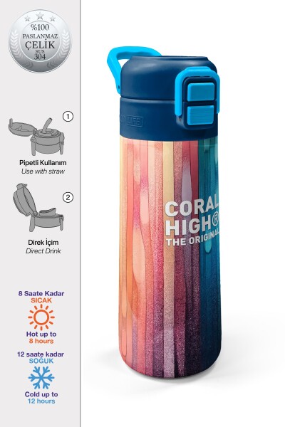 Coral High Kids Lacivert Renkli Çizgili Desenli Pipetli ve Direkt İçim Çelik Termos 500 ml 31890 - 1
