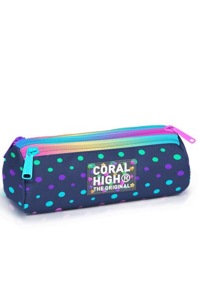 Coral High Kids Lacivert Renkli Puantiyeli Üç Bölmeli Kalem Çantası 11172 - 1