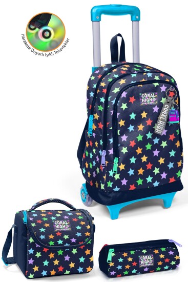 Coral High Kids Lacivert Renkli Yıldız Desenli Çekçekli 3'lü Çanta Seti SET0134009 