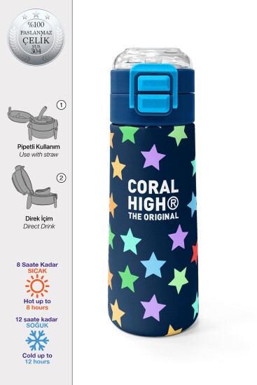 Coral High Kids Lacivert Renkli Yıldız Desenli Pipetli ve Direkt İçim Çelik Termos 500 ml 38109 - Coral High