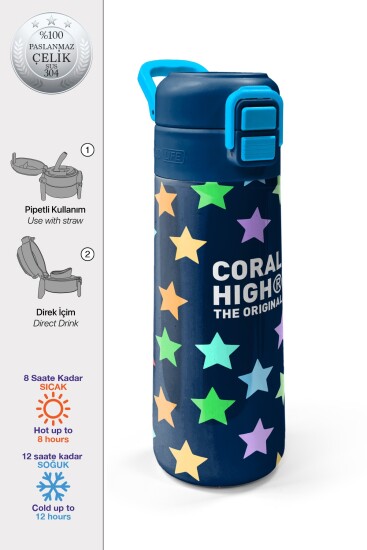 Coral High Kids Lacivert Renkli Yıldız Desenli Pipetli ve Direkt İçim Çelik Termos 500 ml 38109 