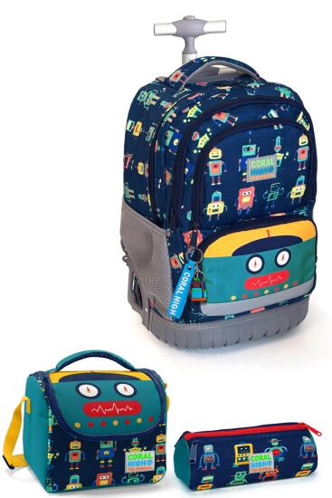 Coral High Kids Lacivert Robot Desenli Çekçekli 3'lü Çanta Seti SET0124025 