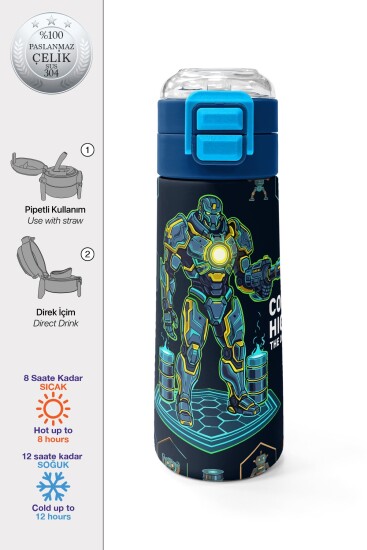 Coral High Kids Lacivert Robot Desenli Pipetli ve Direkt İçim Çelik Termos 500 ml 38128 - 1