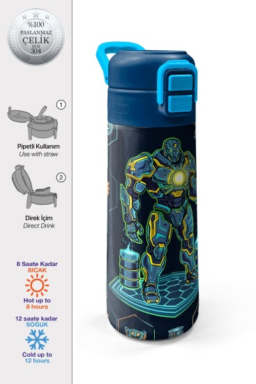 Coral High Kids Lacivert Robot Desenli Pipetli ve Direkt İçim Çelik Termos 500 ml 38128 