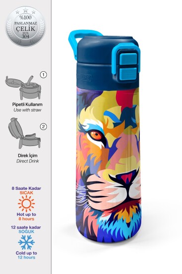 Coral High Kids Lacivert Saks Aslan Desenli Pipetli ve Direkt İçim Çelik Termos 500 ml 31787 - Coral High