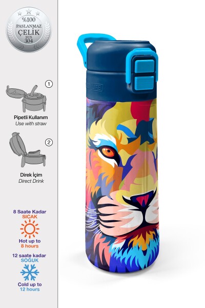 Coral High Kids Lacivert Saks Aslan Desenli Pipetli ve Direkt İçim Çelik Termos 500 ml 31787 - 1