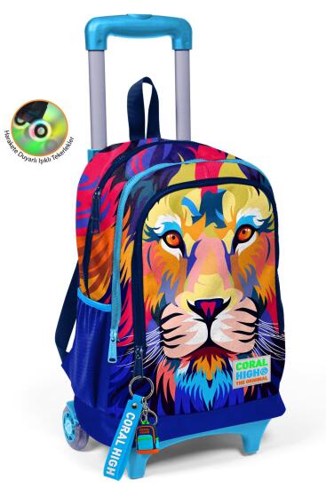 Coral High Kids Lacivert Saks Aslan Desenli Üç Bölmeli Çekçekli Okul Sırt Çantası 23941 - Coral High KIDS