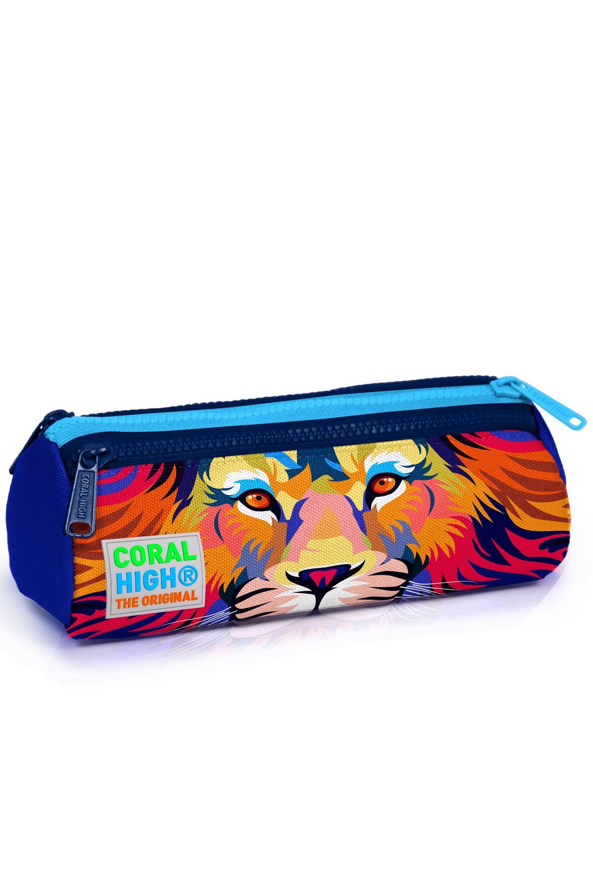 Coral High Kids Lacivert Saks Aslan Desenli Üç Bölmeli Kalem Çantası 22041