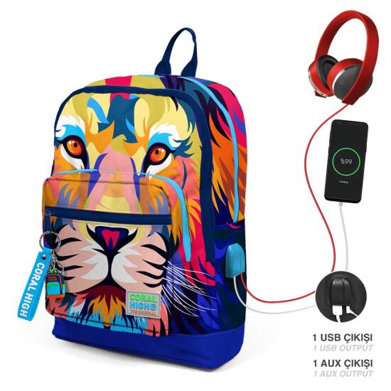 Coral High Kids Lacivert Saks Desenli Dört Bölmeli USB'li Okul Sırt Çantası 23841 - Coral High KIDS