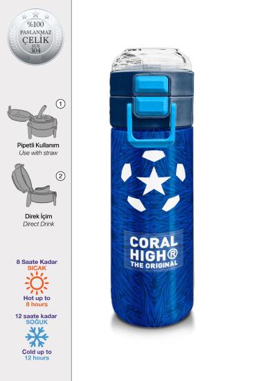 Coral High Kids Lacivert Saks Futbol Desenli Pipetli ve Direkt İçim Çelik Termos 500 ml 31897 - Coral High KIDS
