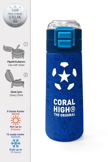 Coral High Kids Lacivert Saks Futbol Desenli Pipetli ve Direkt İçim Çelik Termos 500 ml 31897 - Coral High KIDS