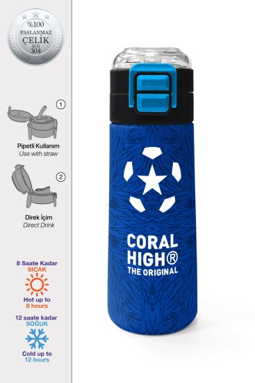 Coral High Kids Lacivert Saks Futbol Desenli Pipetli ve Direkt İçim Çelik Termos 500 ml 31897 