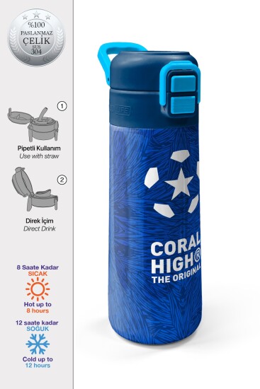 Coral High Kids Lacivert Saks Futbol Desenli Pipetli ve Direkt İçim Çelik Termos 500 ml 31897 