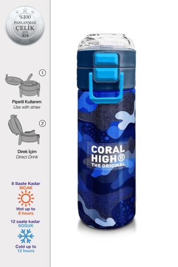 Coral High Kids Lacivert Saks Kamuflaj Desenli Pipetli ve Direkt İçim Çelik Termos 500 ml 31889 - Coral High KIDS