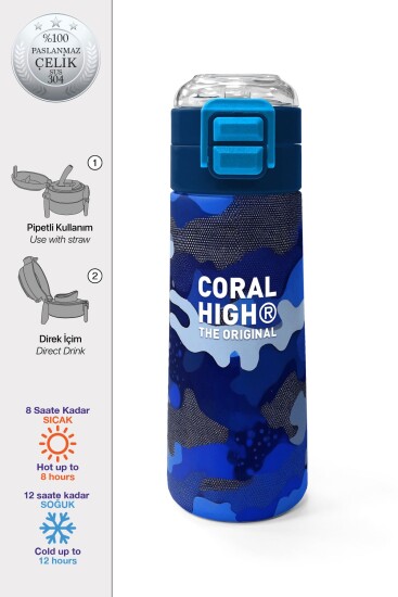 Coral High Kids Lacivert Saks Kamuflaj Desenli Pipetli ve Direkt İçim Çelik Termos 500 ml 31889 - Coral High KIDS