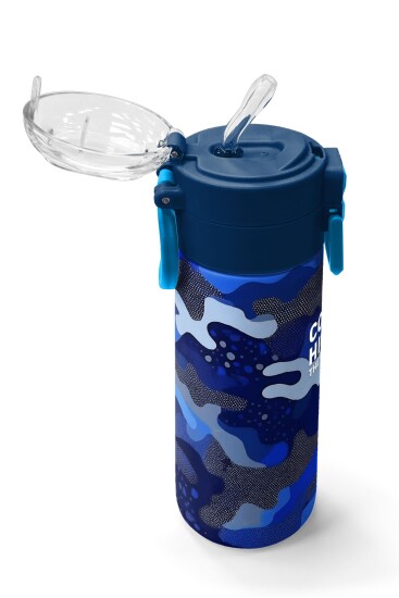 Coral High Kids Lacivert Saks Kamuflaj Desenli Pipetli ve Direkt İçim Çelik Termos 500 ml 31889 - 5