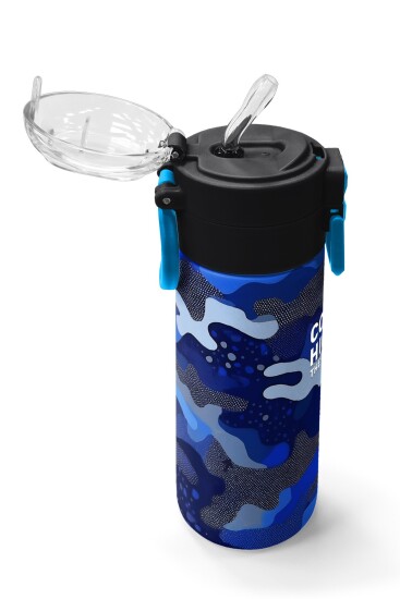 Coral High Kids Lacivert Saks Kamuflaj Desenli Pipetli ve Direkt İçim Çelik Termos 500 ml 31889 - 5