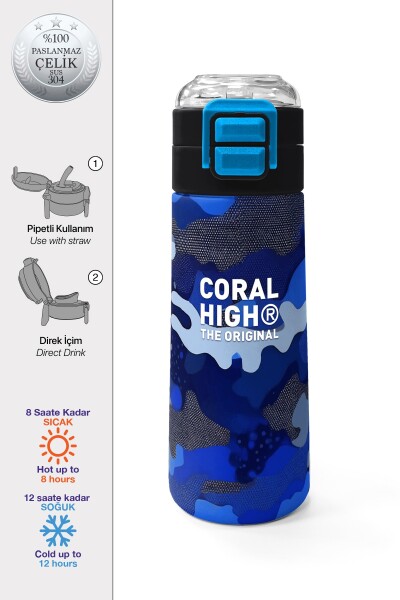 Coral High Kids Lacivert Saks Kamuflaj Desenli Pipetli ve Direkt İçim Çelik Termos 500 ml 31889 - 1
