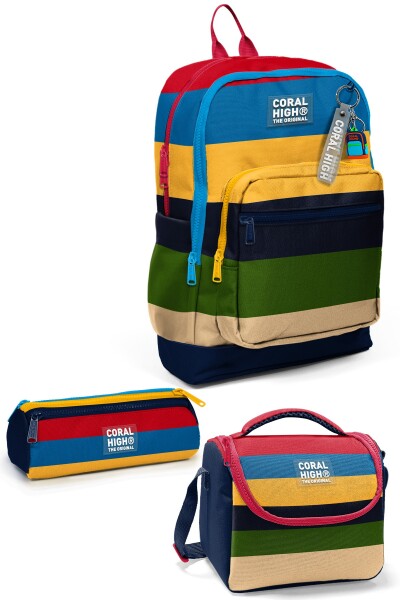 Coral High Kids Lacivert Sarı Kırmızı Çizgi Desenli 3’lü Okul Çanta Seti SET0133212 - 1