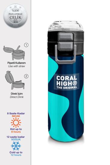 Coral High Kids Lacivert Turkuaz Desenli Pipetli ve Direkt İçim Çelik Termos 500 ml 31886 - Coral High KIDS