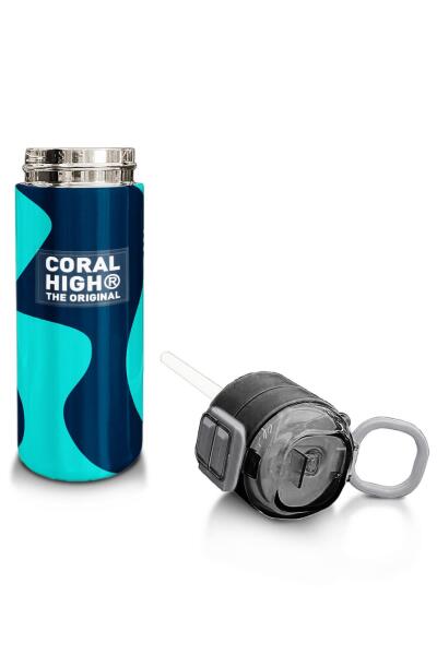 Coral High Kids Lacivert Turkuaz Desenli Pipetli ve Direkt İçim Çelik Termos 500 ml 31886 - 4