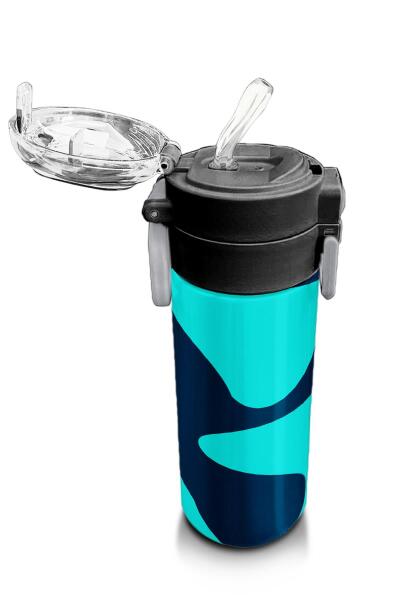 Coral High Kids Lacivert Turkuaz Desenli Pipetli ve Direkt İçim Çelik Termos 500 ml 31886 - 5