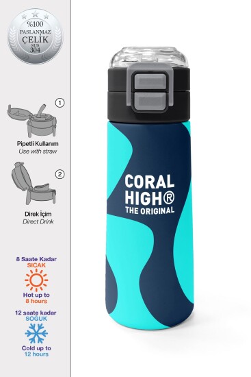 Coral High Kids Lacivert Turkuaz Desenli Pipetli ve Direkt İçim Çelik Termos 500 ml 31886 - Coral High KIDS